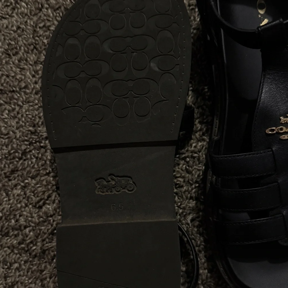 Coach Black Leather Strappy Sandals with Gold Logo